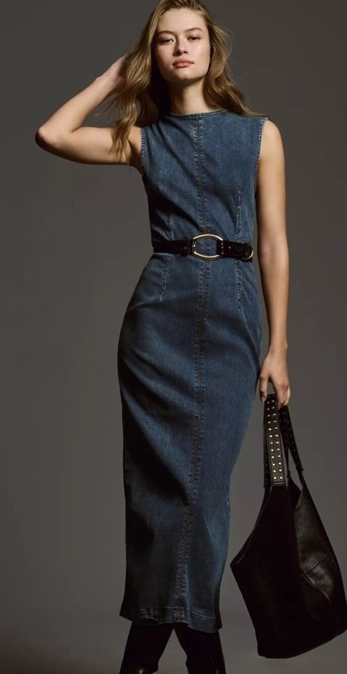 Reformation Jeans Kendi Dress Denim Midi Dress Nigh Neck Zip Back Sleeveless 12